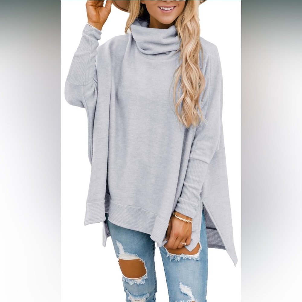 Turtleneck Batwing Sleeve Side Slit Casual Loose Knitted Pullover Sweater
